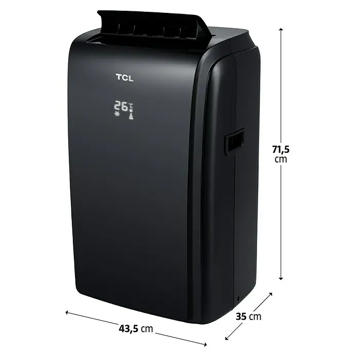 TCL Mobiles Klimagerät Kühlen/Heizen TAC-12CHPB/KB - 3.200 W, Raumgröße: 35 m², Schwarz - Schwarze, tragbare TCL-Klimaanlage mit digitalen Anzeigen und Dimensionsangaben.