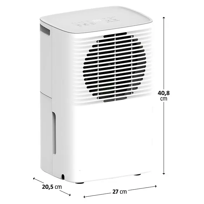 Voltomat Elektro-Luftentfeuchter - 205 W, Entfeuchtungsleistung: 10 l/Tag, L x B x H: 20,5 x 27 x 40,8 cm, Weiß - Abbildung eines weißen Luftentfeuchters mit Maßangaben zu Höhe, Breite und Tiefe. Das Gerät hat ein modernes und funktionales Design.