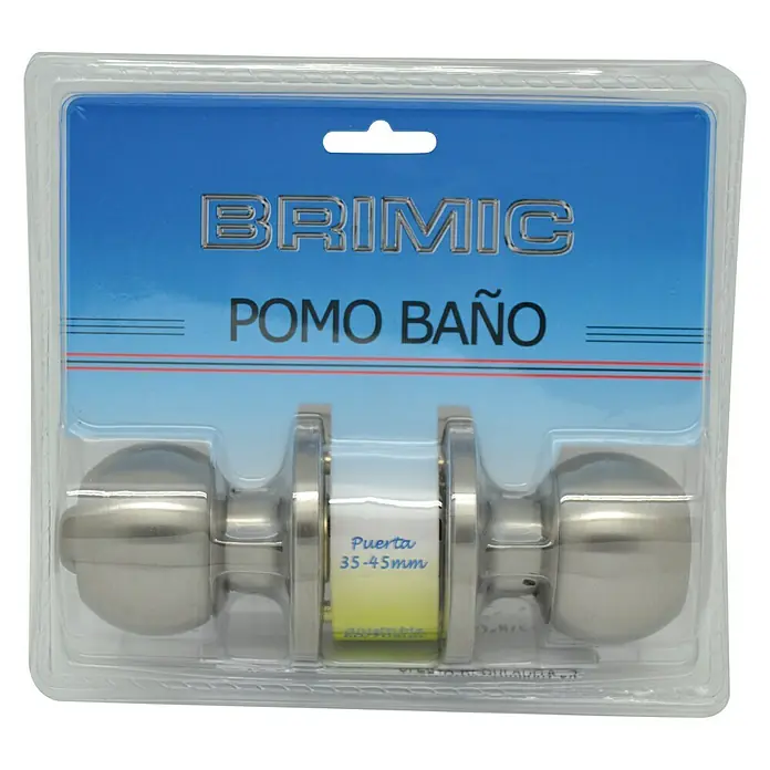 Micel Brimic Pomo giratorio del baño - Acero inoxidable - Pomo de puerta de baño BRIMIC con inscripción "Puerta 35-45mm", empaquetado en un embalaje de plástico transparente.