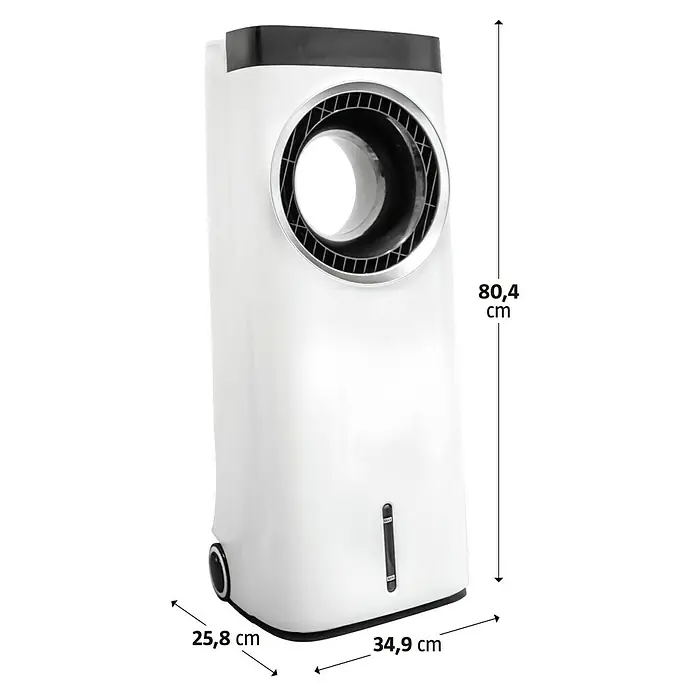 Voltomat Luftkühler - Weiß, Höhe: 80,4 cm - Das Bild zeigt einen freistehenden, weißen Luftkühler mit sichtbaren Abmessungen von Höhe, Breite und Tiefe.