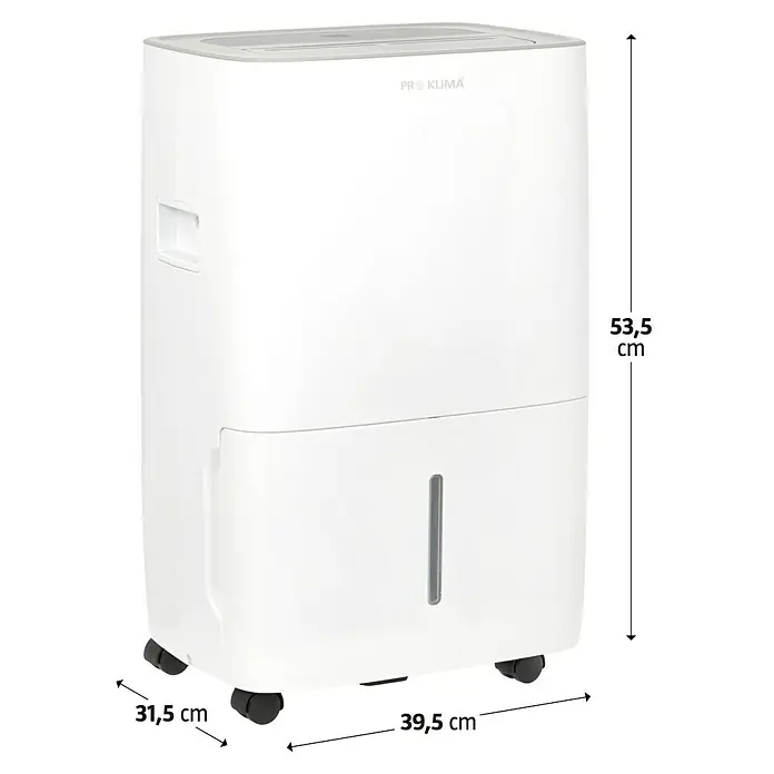 Voltomat Elektro-Luftentfeuchter mit Schuhtrockner - 520 W, Entfeuchtungsleistung: 30 l/Tag, L x B x H: 31,5 x 39,5 x 53,5 cm, Weiß, Grau - Produktbild eines weißen Pro Klima Luftentfeuchters mit Maßangaben zu Höhe, Breite und Tiefe.