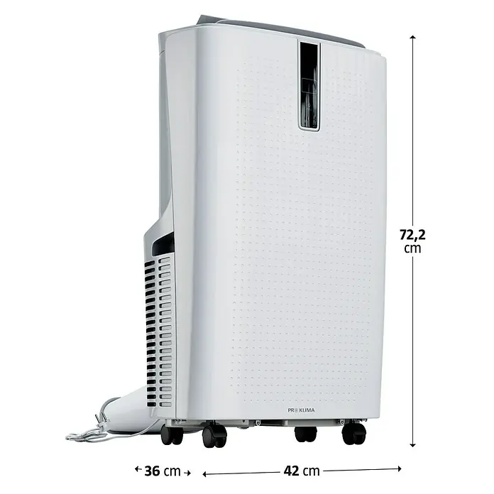 Voltomat Mobiles Klimagerät WiFi 12.000 BTU - 3.500 W, Raumgröße: 35 m², Weiß - Produktansicht: Silberner Pro Klima Luftentfeuchter mit sichtbaren Abmessungen.