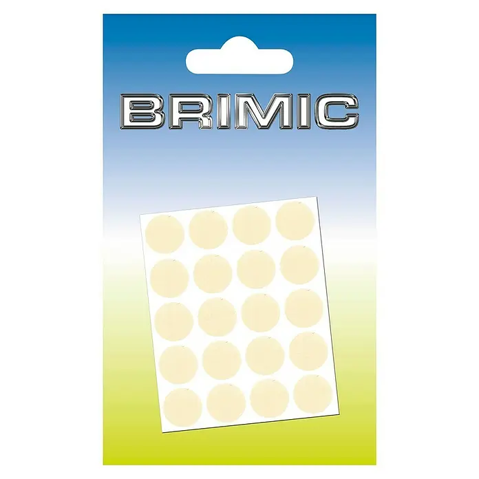 Micel Brimic Tapón embellecedor Crema - Diámetro: 13 mm, Pegado, 20 ud. - Hoja adhesiva BRIMIC con 20 adhesivos redondos color piel sobre un soporte blanco, envasado en un blíster azul y amarillo.