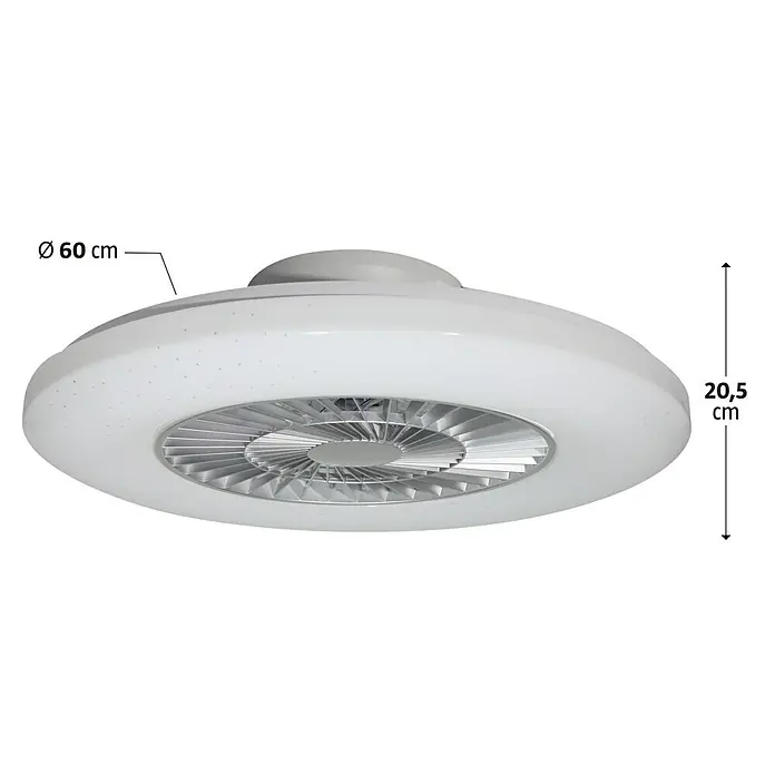 Voltomat Deckenventilator mit LED-Beleuchtung - Silber, Weiß, 60 cm, 40 W, Warmweiß - Abbildung einer LED-Deckenleuchte mit Ventilator. Die Leuchte ist weiss und hat einen Durchmesser von 60 cm und eine Höhe von 20,5 cm.