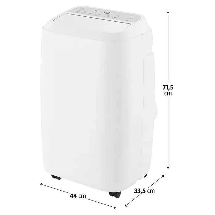 Proklima Mobiles Klimagerät WiFi - 2.500 W, Raumgröße: 24 m², Weiß - Produktbild eines weissen mobilen Klimageräts mit Massangaben. Das Klimagerät ist quaderförmig mit abgerundeten Ecken und Rädern.