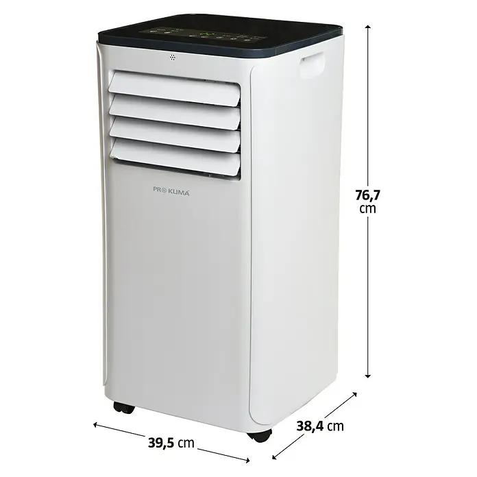 Proklima Mobiles Klimagerät WiFi - 2.000 W, Raumgröße: 20 m², Weiß/Schwarz - Abbildung eines Pro Klima Klimageräts mit Angabe der Maße: 76,7 cm Höhe, 39,5 cm Länge und 38,4 cm Breite.
