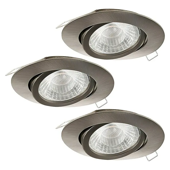 Eglo Set de focos LED empotrables redondos Tedo - 15 W, Ø x Al: 8 x 11,5 cm, Níquel mate, 3 ud., Blanco cálido - La imagen muestra tres focos LED empotrables, modernos y redondos, con acabado de metal cepillado que emiten una luz brillante y enfocada.