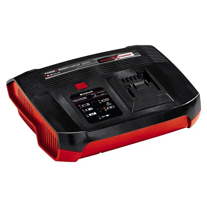 Einhell Power X-Change 18V Akku & Ladegerät PXC-Starter-Kit - 18 V, 1 Akku, 4 Ah - 6 Ah - Ein Einhell Power X-Change Boostcharger Li-Ion Akku-Ladegerät in Schwarz und Rot. Optimal für schnelles und effizientes Laden von Akkus.