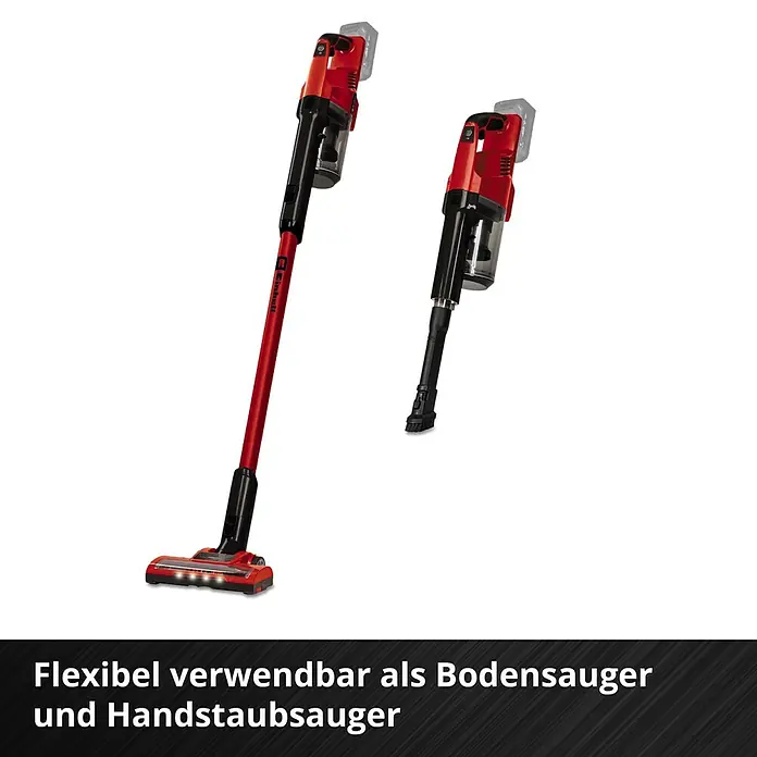 Einhell Power X-Change 18V Akku-Staubsauger TE-SV 18 Li-Solo - 18 V, Ohne Akku, Behältervolumen: 0,6 l - Das Bild zeigt einen roten Akku-Staubsauger, der flexibel als Boden- oder Handstaubsauger einsetzbar ist. Praktisch für jeden Haushalt.