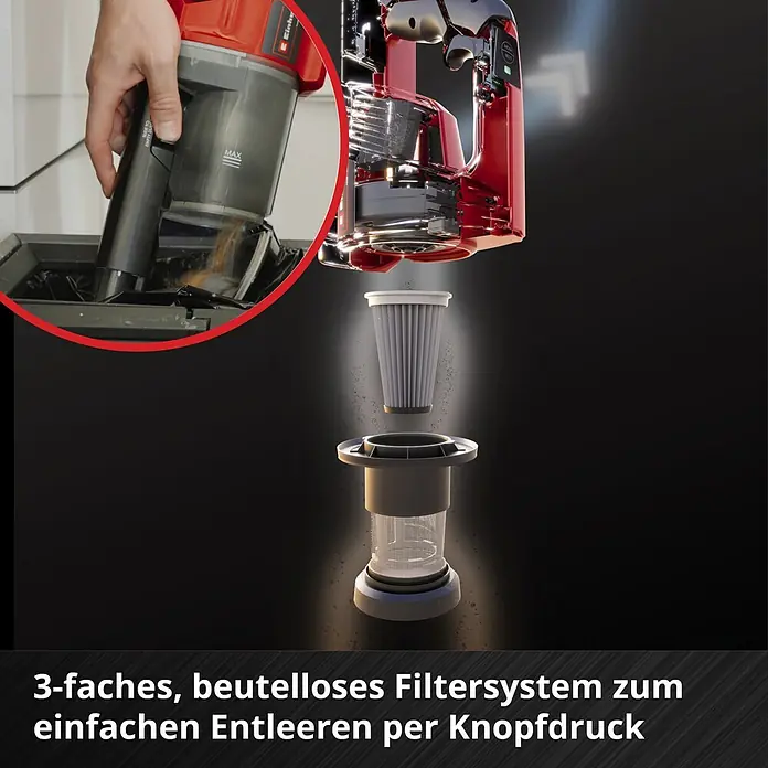 Einhell Power X-Change 18V Akku-Staubsauger TE-SV 18 Li-Solo - 18 V, Ohne Akku, Behältervolumen: 0,6 l - Staubbehälterentleerung eines Akku-Staubsaugers mit 3-fachem, beutellosem Filtersystem für einfache Entleerung per Knopfdruck.