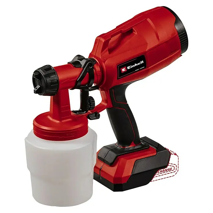 Einhell PXC 18V Sistema de pulverización de pintura de batería TC-SY 18/60 Li-Solo - 18 V, Sin batería - Sistema de pulverización de pintura inalámbrico Einhell con cuerpo rojo, mango negro y recipiente de pintura blanco, ideal para rociar barnices.