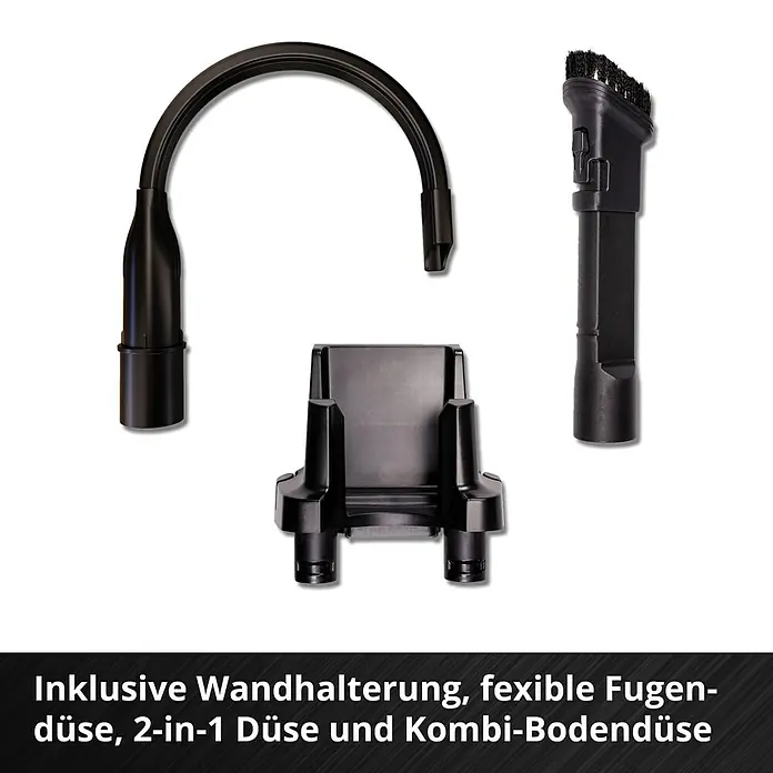 Einhell Power X-Change 18V Akku-Staubsauger TE-SV 18 Li-Solo - 18 V, Ohne Akku, Behältervolumen: 0,6 l - Das Bild zeigt ein Zubehörset für Staubsauger, inklusive Wandhalterung, flexibler Fugendüse, 2-in-1 Düse und Kombi-Bodendüse.