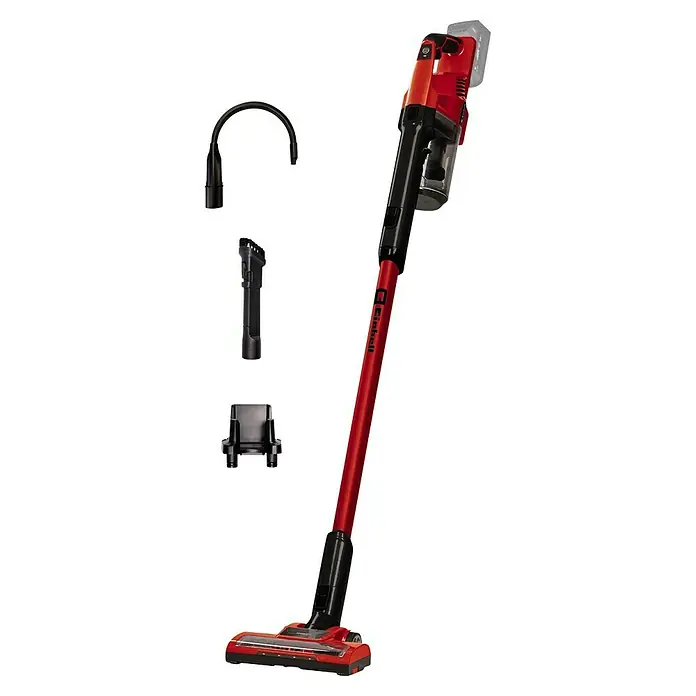 Einhell Power X-Change 18V Akku-Staubsauger TE-SV 18 Li-Solo - 18 V, Ohne Akku, Behältervolumen: 0,6 l - Abbildung eines roten Einhell Akku-Stielstaubsaugers mit Zubehör, der eine effiziente und kabellose Reinigung für das ganze Haus bietet.