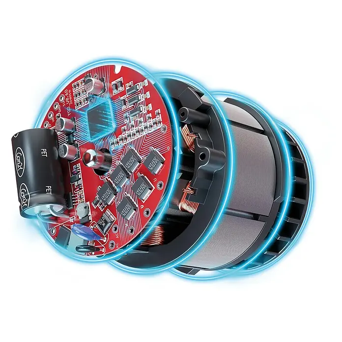 Einhell Professional PXC 18V Lijadora de banda de batería TP-BS 18/457 Li BL - Solo - 18 V, Sin batería, Velocidad de cinta: 120 m/min - 250 m/min - Primer plano de un motor electrónico, que revela su intrincada estructura interna con placa de circuito y bobinados de cobre.