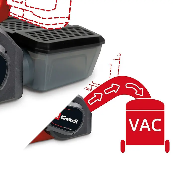 Einhell Professional PXC 18V Lijadora de banda de batería TP-BS 18/457 Li BL - Solo - 18 V, Sin batería, Velocidad de cinta: 120 m/min - 250 m/min - Imagen de producto que muestra una aspiradora inalámbrica Einhell con un contenedor de recolección gris, para una limpieza y vaciado fáciles.
