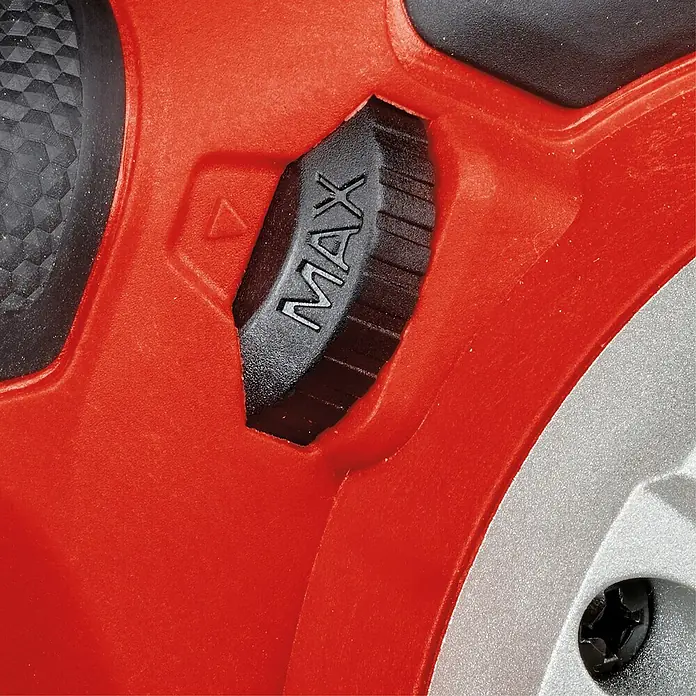 Einhell Professional PXC 18V Lijadora de banda de batería TP-BS 18/457 Li BL - Solo - 18 V, Sin batería, Velocidad de cinta: 120 m/min - 250 m/min - Primer plano de una herramienta eléctrica roja con un interruptor negro ajustado a "MAX" para máximo rendimiento.
