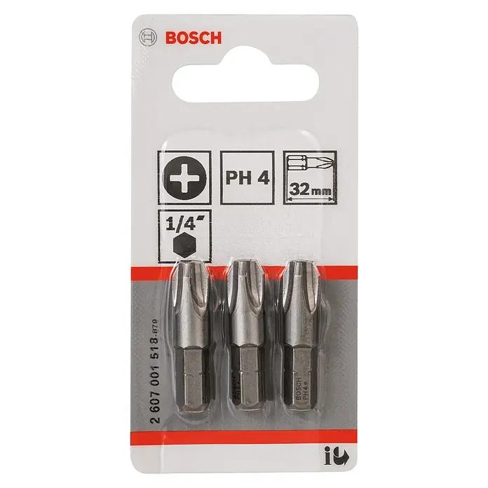 Bosch Punta Extra Hard C - PH 2, 35 mm, 3 ud. - Imagen de un paquete de puntas de atornillador Bosch PH 4 (32 mm, 1/4"). Ideal para tareas de atornillado.