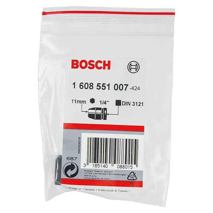 Bosch Inserto para llaves de vaso Impact Control - Diámetro: 11 mm, ¼″ - La imagen muestra un embalaje de inserto de llave de vaso Bosch con el número de artículo 1 608 551 007-424, que contiene un inserto de 11 mm con accionamiento de 1/4" según DIN 3121.
