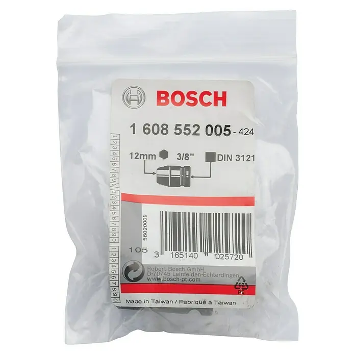 Bosch Inserto para llaves de vaso Impact Control - Diámetro: 12 mm, ⅜″ - Primer plano de un paquete de Bosch que muestra un adaptador de 12 mm y 3/8", ideal para juegos de herramientas y proyectos de bricolaje.