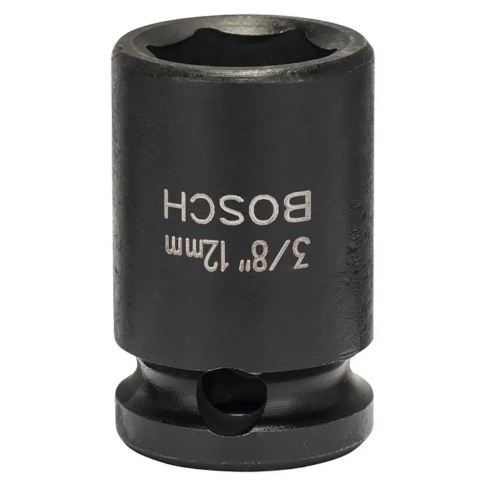 Bosch Inserto para llaves de vaso Impact Control - Diámetro: 12 mm, ⅜″ - Primer plano de un vaso negro Bosch con la marca "3/8" 12mm", ideal para diversas tareas de fijación y atornillado en automoción.