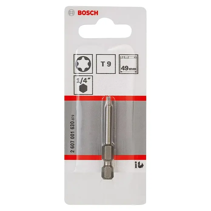 Bosch Punta Extra Hard E - T9, 49 mm, 1 ud. - Imagen de una punta Torx T9 de Bosch, de 49 mm de largo, con mango hexagonal de 1/4 de pulgada, empaquetada en un blíster, apta para herramientas eléctricas.