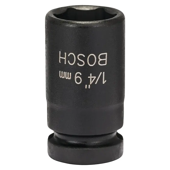 Bosch Inserto para llaves de vaso Impact Control - Diámetro: 9 mm, ¼″ - Primer plano de un vaso negro Bosch de 1/4" 9 mm, ideal para tareas de taller y proyectos de bricolaje. Herramienta robusta y precisa.