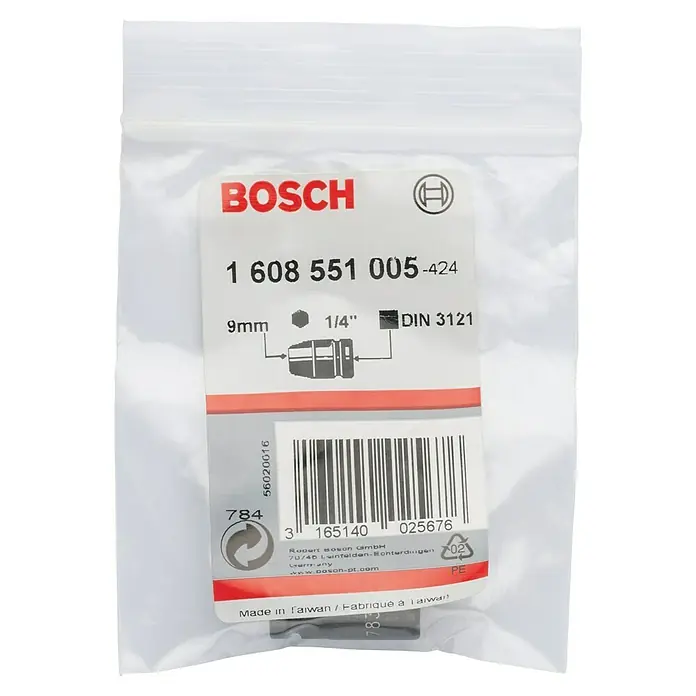 Bosch Inserto para llaves de vaso Impact Control - Diámetro: 9 mm, ¼″ - Imagen de un casquillo Bosch con el número 1 608 551 005-424, 9mm, accionamiento de 1/4" según DIN 3121 en un embalaje transparente.