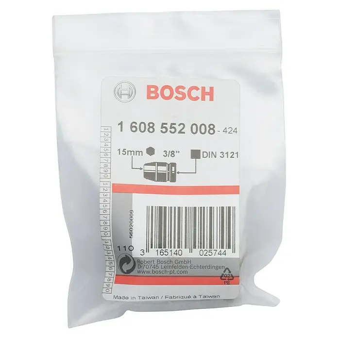 Bosch Inserto para llaves de vaso Impact Control - Diámetro: 15 mm, ⅜″ - Adaptador Bosch envasado transparentemente con el número 1 608 552 008-424, 15 mm, 3/8" y DIN 3121.