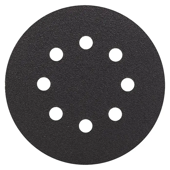 Bosch Set de hojas de lija F355 Best for Coatings and Composites - Grano: 80 mm, 5 ud., Diámetro: 125 mm - La imagen muestra un disco de lija redondo y negro con varios agujeros para la extracción de polvo. Ideal para trabajos de lijado.