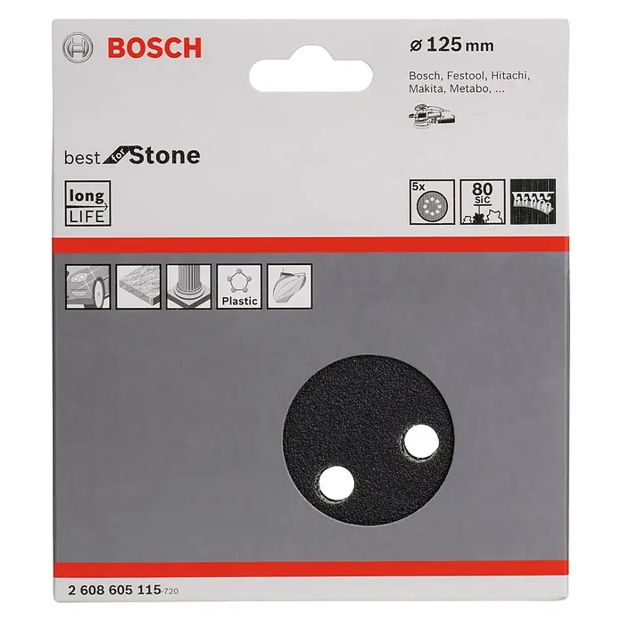 Bosch Set de hojas de lija F355 Best for Coatings and Composites - Grano: 80 mm, 5 ud., Diámetro: 125 mm - Embalaje para un disco de lijado Bosch, de 125 mm de diámetro, adecuado para el procesamiento de piedra y compatible con varias marcas de herramientas eléctricas.