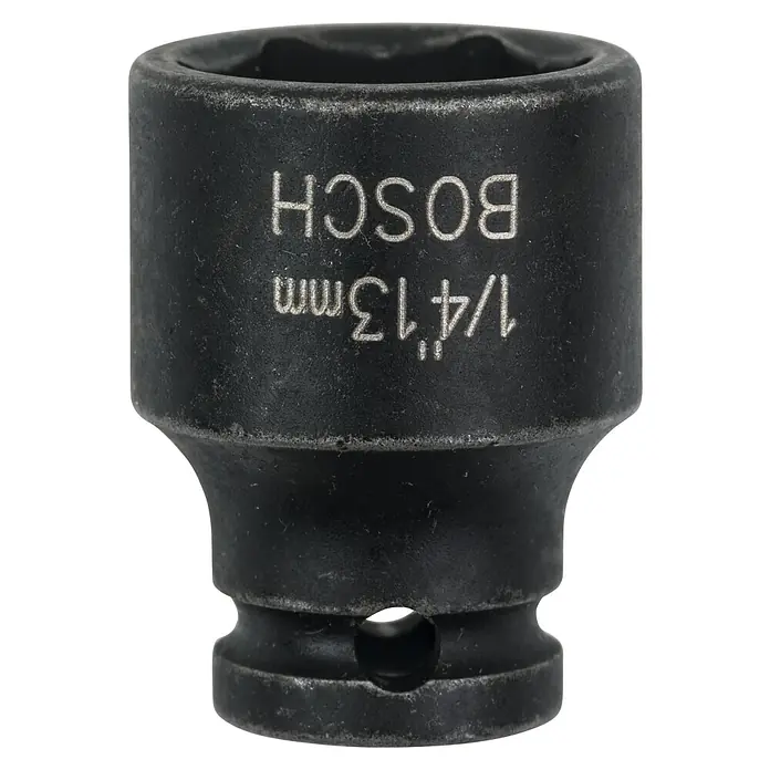 Bosch Inserto para llaves de vaso Impact Control - Diámetro: 13 mm, ¼″ - Primer plano de un vaso Bosch de 1/4" y 13 mm, ideal para trabajos de atornillado con herramientas. Esta robusta herramienta está diseñada para alto par.