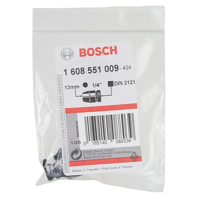 Bosch Inserto para llaves de vaso Impact Control - Diámetro: 13 mm, ¼″ - Imagen de un adaptador Bosch 1 608 551 009-424 empaquetado, conocido por su calidad, listo para usar.