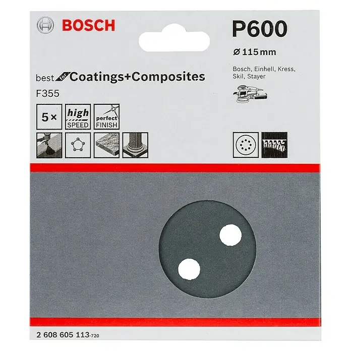 Bosch Set de hojas de lija F355 Best for Coatings and Composites - Grano: 600 mm, 5 ud., Diámetro: 115 mm - Imagen del disco de lijado Bosch P600, Ø 115 mm, ideal para recubrimientos y compuestos, compatible con varias lijadoras.