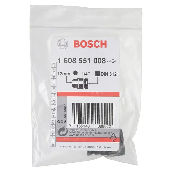 Bosch Inserto para llaves de vaso - Diámetro: 12 mm - Un primer plano de un embalaje de Bosch que incluye una punta de destornillador hexagonal de 12 mm, fabricada en Taiwán.