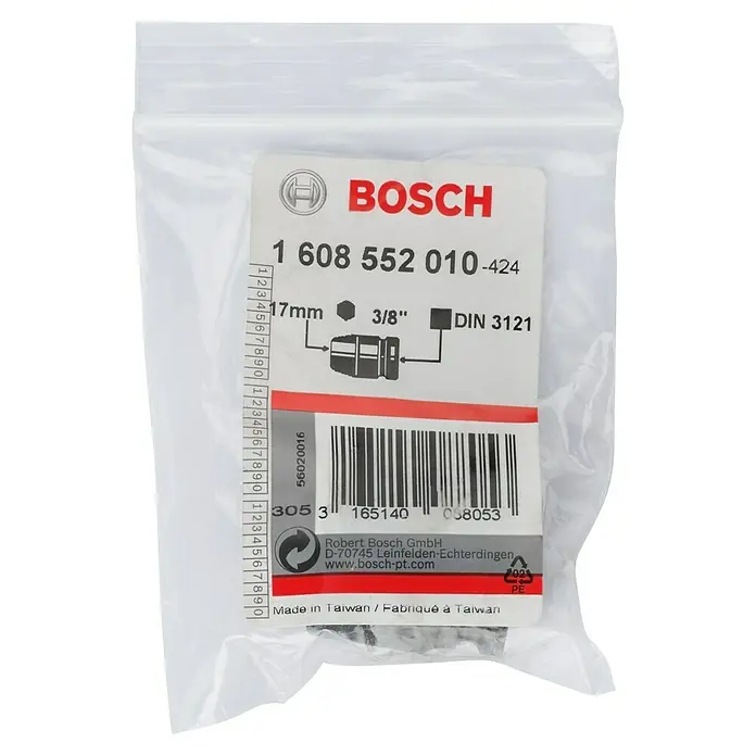 Bosch Inserto para llaves de vaso Impact Control - Diámetro: 17 mm, ⅜″ - Imagen del producto de un zócalo Bosch con el número 1 608 552 010-424, empaquetado en una bolsa de plástico transparente.