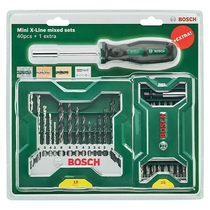 Bosch X - Line Mini Set de puntas - 40 pzs. - Imagen de un juego mixto Bosch Mini X-Line con brocas y puntas de varios tamaños, perfecto para proyectos de bricolaje.