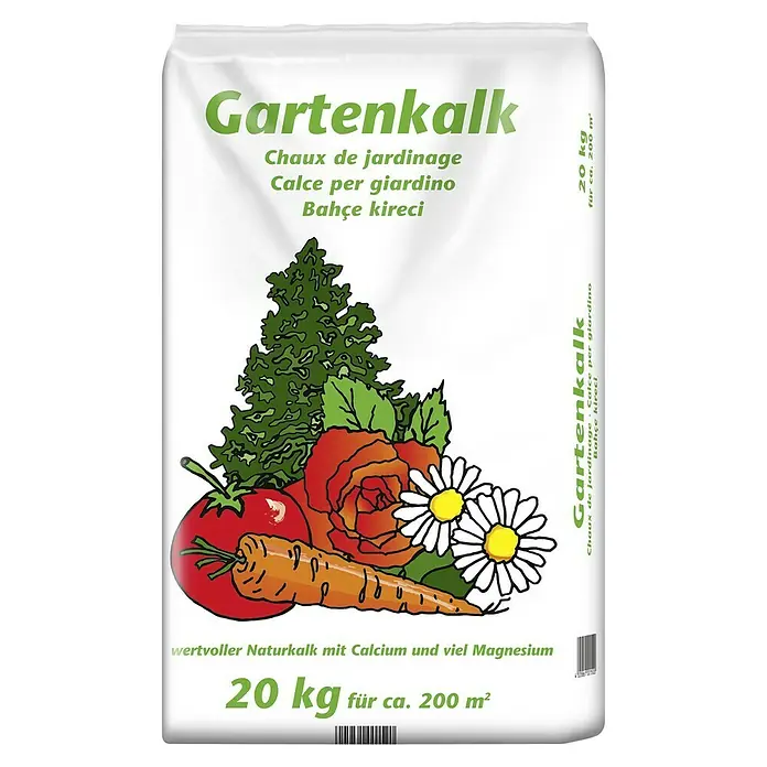Gartenkalk - Nettomasse: 20 kg, Max. Anwendungsfläche: 200 m² - Abbildung einer Verpackung von Gartenkalk, einem natürlichen Kalk mit Kalzium und Magnesium, ideal für den Garten.