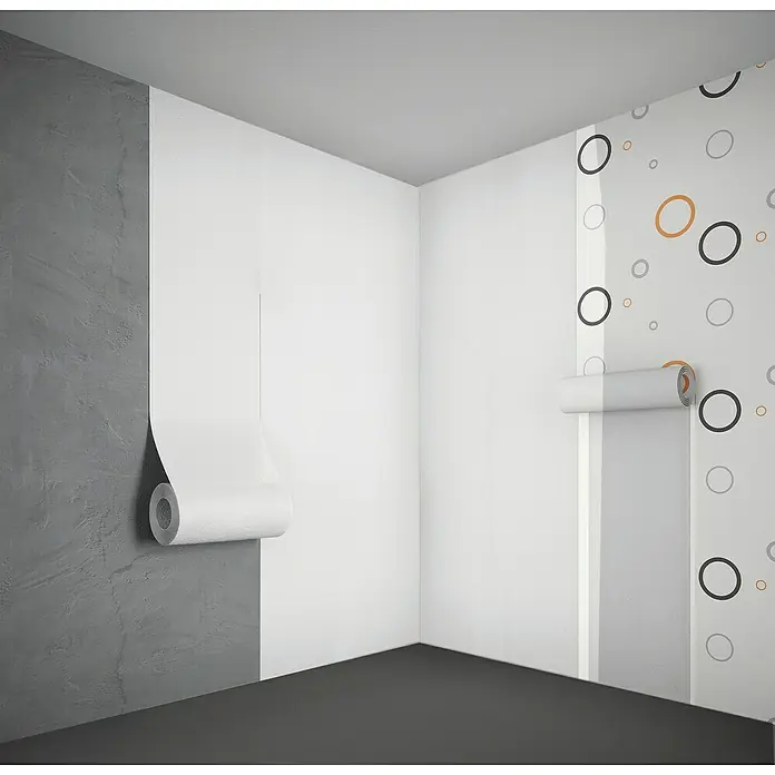 Nmc Noma Dämmtapete noma®therm READYKaschierung: Raufaserkaschiert, Max. Anwendungsfläche: 5 m², Höhe: 4 mm - Illustration von zwei verschiedenen Tapetenrollen, die an den Raumwänden angebracht sind, um das Erscheinungsbild zu demonstrieren.