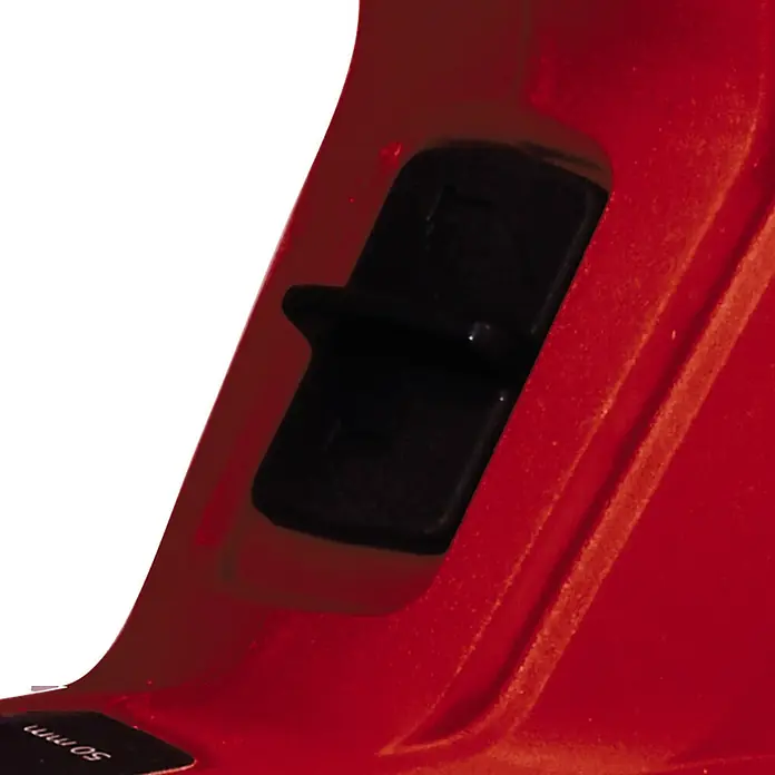 Einhell Professional PXC 18V Clavadora de batería FIXETTO 18/50 N - 18 V, Sin batería, Longitud del clavo: 15 mm - 50 mm - Primer plano de una herramienta roja con un interruptor negro. El interruptor parece controlar un ajuste o la activación del funcionamiento de la herramienta.