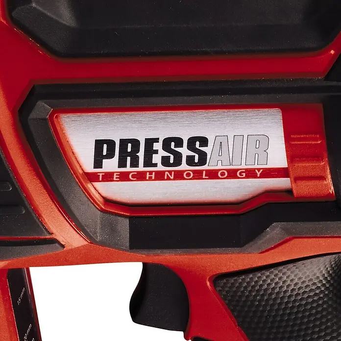 Einhell Professional PXC 18V Clavadora de batería FIXETTO 18/50 N - 18 V, Sin batería, Longitud del clavo: 15 mm - 50 mm - Primer plano del logo "PRESSAIR TECHNOLOGY" en una herramienta roja y negra.