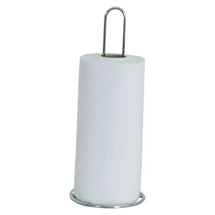 MSV Portarrollos papel higiénico de papel de cocina - L x An x Al: 12 x 12 x 315 cm, Acero, Cromo - Imagen de un portarrollos de cocina con un rollo de papel de cocina blanco. El soporte es metálico y tiene un práctico asa de transporte.