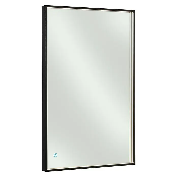 Camargue Lichtspiegel Noir - 100 x 68 cm, Schwarz, Leuchtmittel - Nahaufnahme eines eleganten Spiegels mit dunklem Rahmen und subtiler blauer Touch-Taste. Ideal für moderne Badezimmerdesigns.