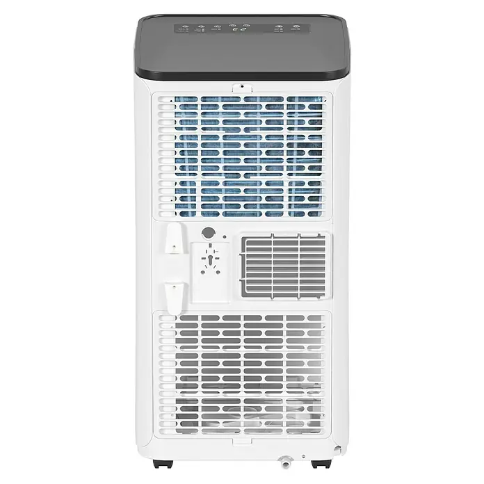 Proklima Mobiles Klimagerät WiFi - 2.000 W, Raumgröße: 20 m², Weiß/Schwarz - Rückansicht einer tragbaren Klimaanlage. Das Gerät ist weiß mit einer grauen Oberseite und hat Lüftungsschlitze für die Luftzirkulation.