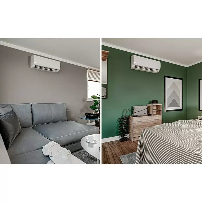 TCL Inverter-Klimasplitgerät Multi Split Duo - Kühlleistung: 1.650 W - 3.300 W, Heizleistung: 3.360 W, Raumgröße: 26 m², Passend für: 2 Räume bis jeweils 26 m² - Weißes wandmontiertes Klimagerät in einem Raum.