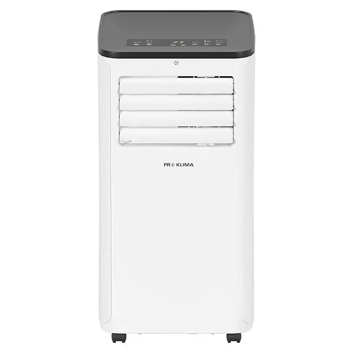 Proklima Mobiles Klimagerät WiFi - 2.000 W, Raumgröße: 20 m², Weiß/Schwarz - Das Bild zeigt eine tragbare Klimaanlage von Pro Klima, die sich ideal für die Kühlung einzelner Räume eignet. Sie hat ein modernes Design.
