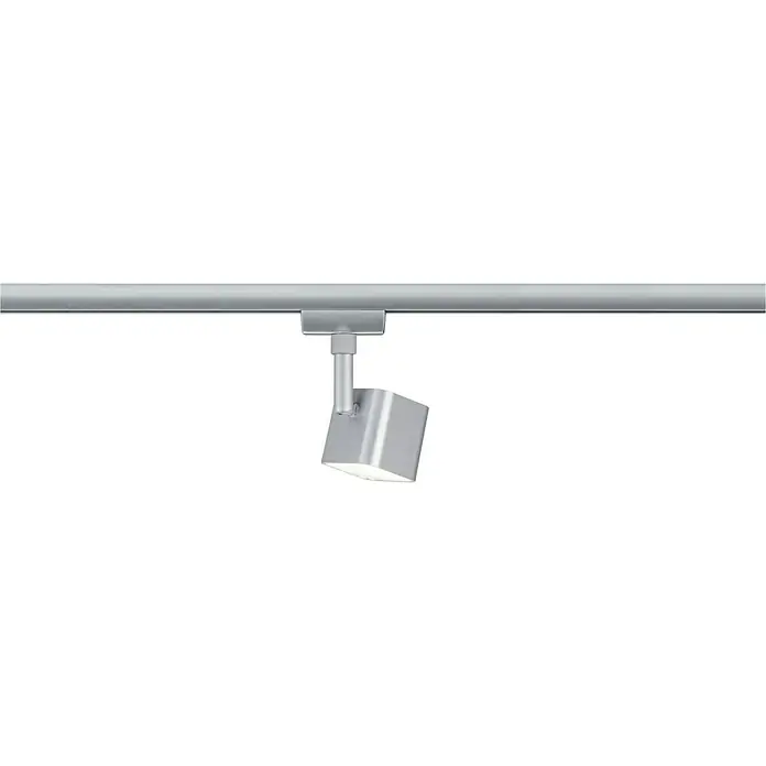 Paulmann URail LED-Spot Muri - Chrom-matt, 5 x 5 x 14 cm - Diese Nahaufnahme zeigt eine moderne, graue Strahlerlampe, die an einer Schiene befestigt ist und eine elegante Beleuchtungslösung darstellt.