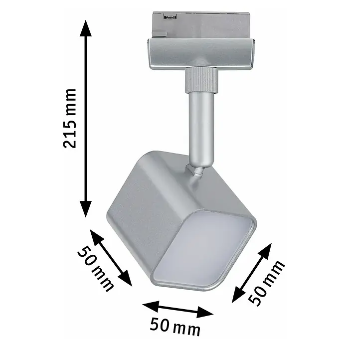 Paulmann URail LED-Spot Muri - Chrom-matt, 5 x 5 x 14 cm - Produktabbildung einer modernen LED-Deckenspotleuchte in Silber mit Maßangaben für Höhe und Breite.