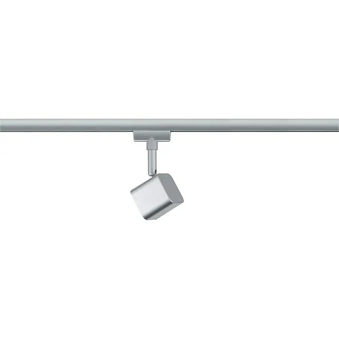 Paulmann URail LED-Spot Muri - Chrom-matt, 5 x 5 x 14 cm - Nahaufnahme einer silbernen LED-Schiene, die von der Decke hängt und eine moderne Beleuchtungslösung bietet.