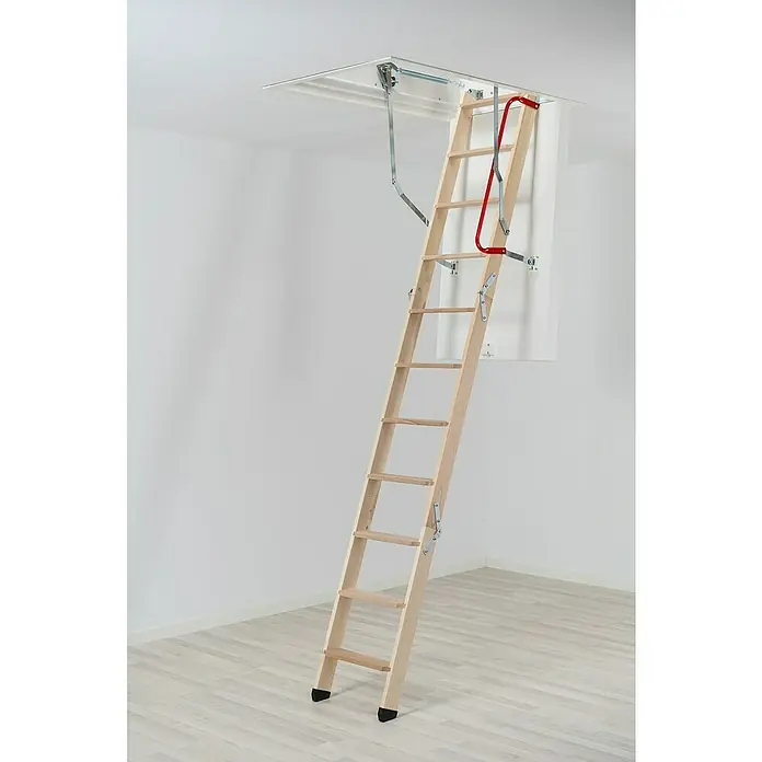 Sogem Escalera escamoteable Isoclic Pro76 - Longitud de la apertura del techo: 120 cm, Anchura de la apertura del techo: 70 cm, Aislamiento térmico: 1,2 W/(m²K) - Una escalera de madera plegable para ático se extiende hacia abajo, con herrajes plateados y un pasamanos rojo para mayor estabilidad.