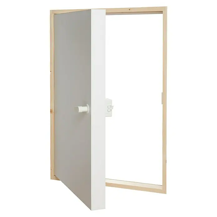 Sogem Compuerta Easy Access - An x Al: 70 x 80 mm - Puerta interior gris con marco de puerta de madera. La puerta está parcialmente abierta, dando una vista del interior. La manija es blanca.